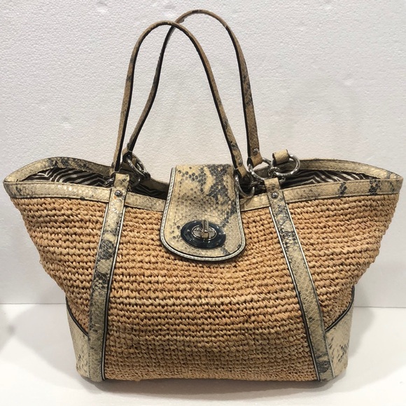 Coach Handbags - Coach Hampton Python Leather Trim Straw Shoulder Tote